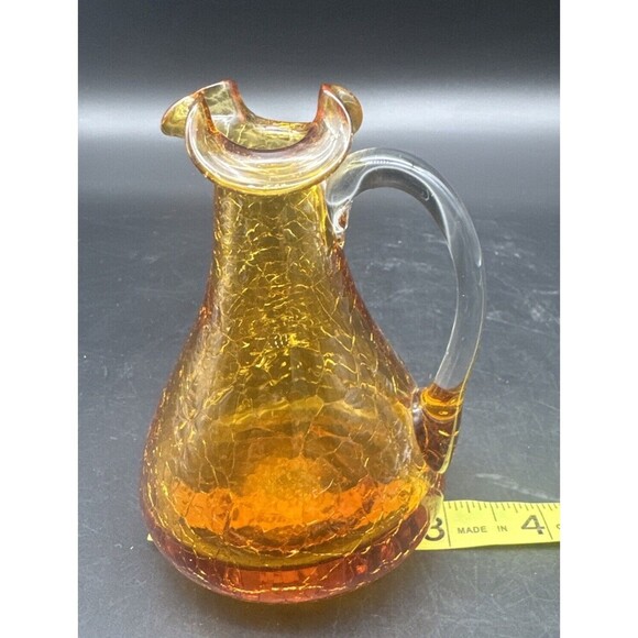 VTG Pilgrim Glass AMBER Crackle Pitcher Vase Ruffle Top Applied Handle 4.5” - Picture 9 of 9